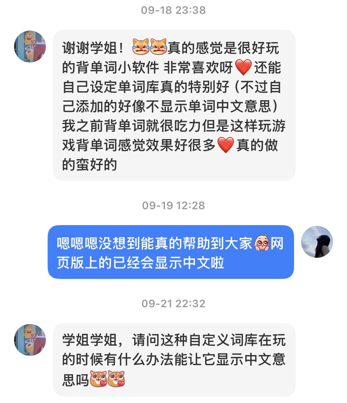 The junior's chat feedback: easier than rote memorization, plus a feature request