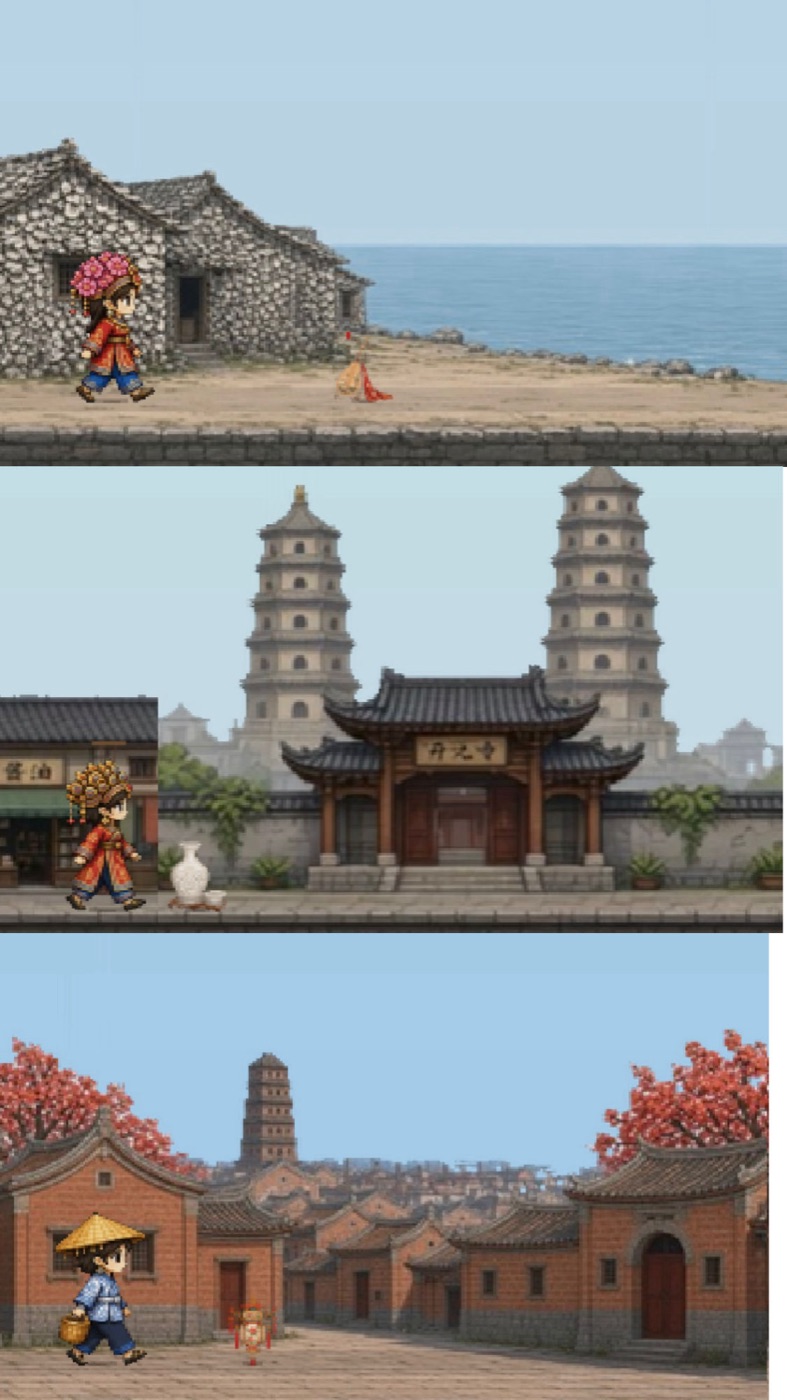Pixel-art running through Quanzhou heritage scenes